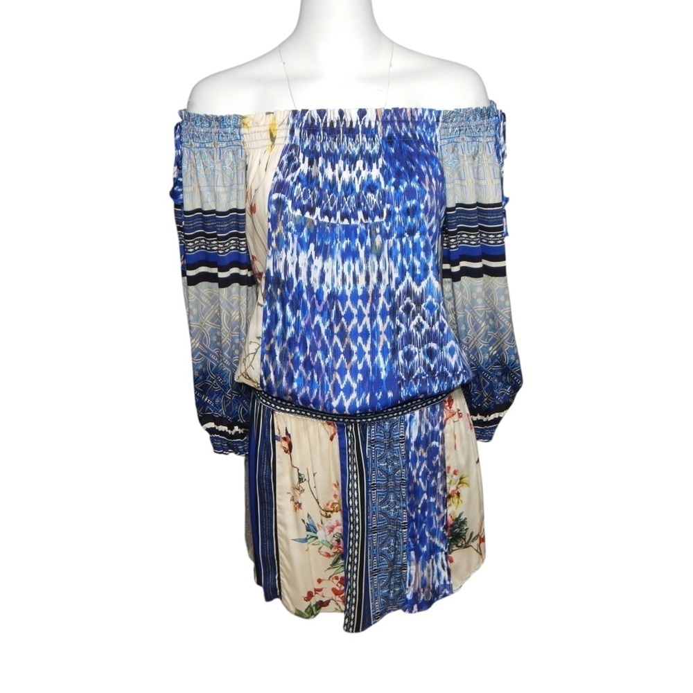 Hale Bob Off-The-Shoulder Mini Dress Colorful Patchwork Peasant Boho Size XS